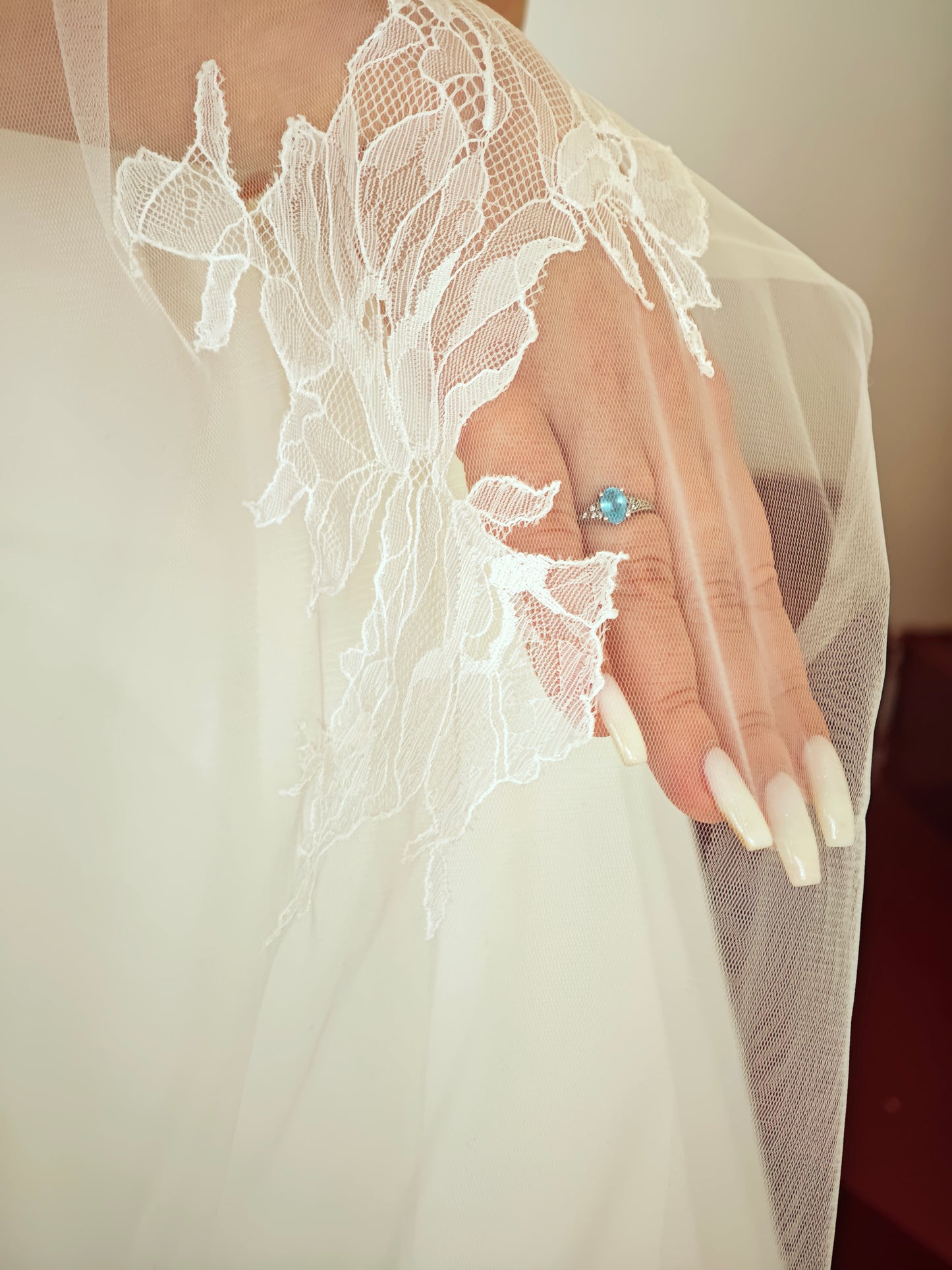 Heirloom Chantilly Lace Veil with Hand-Sewn Floral Appliques