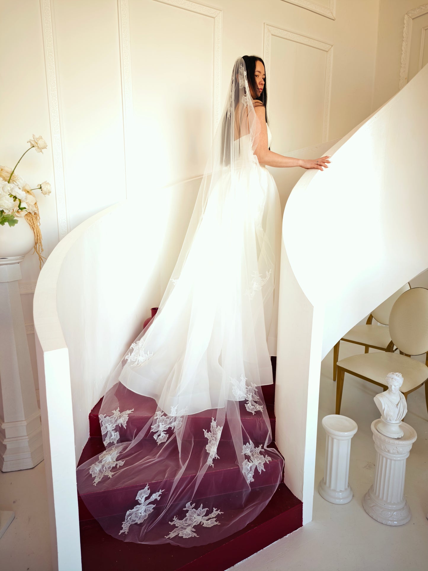 Heirloom Chantilly Lace Veil with Hand-Sewn Floral Appliques