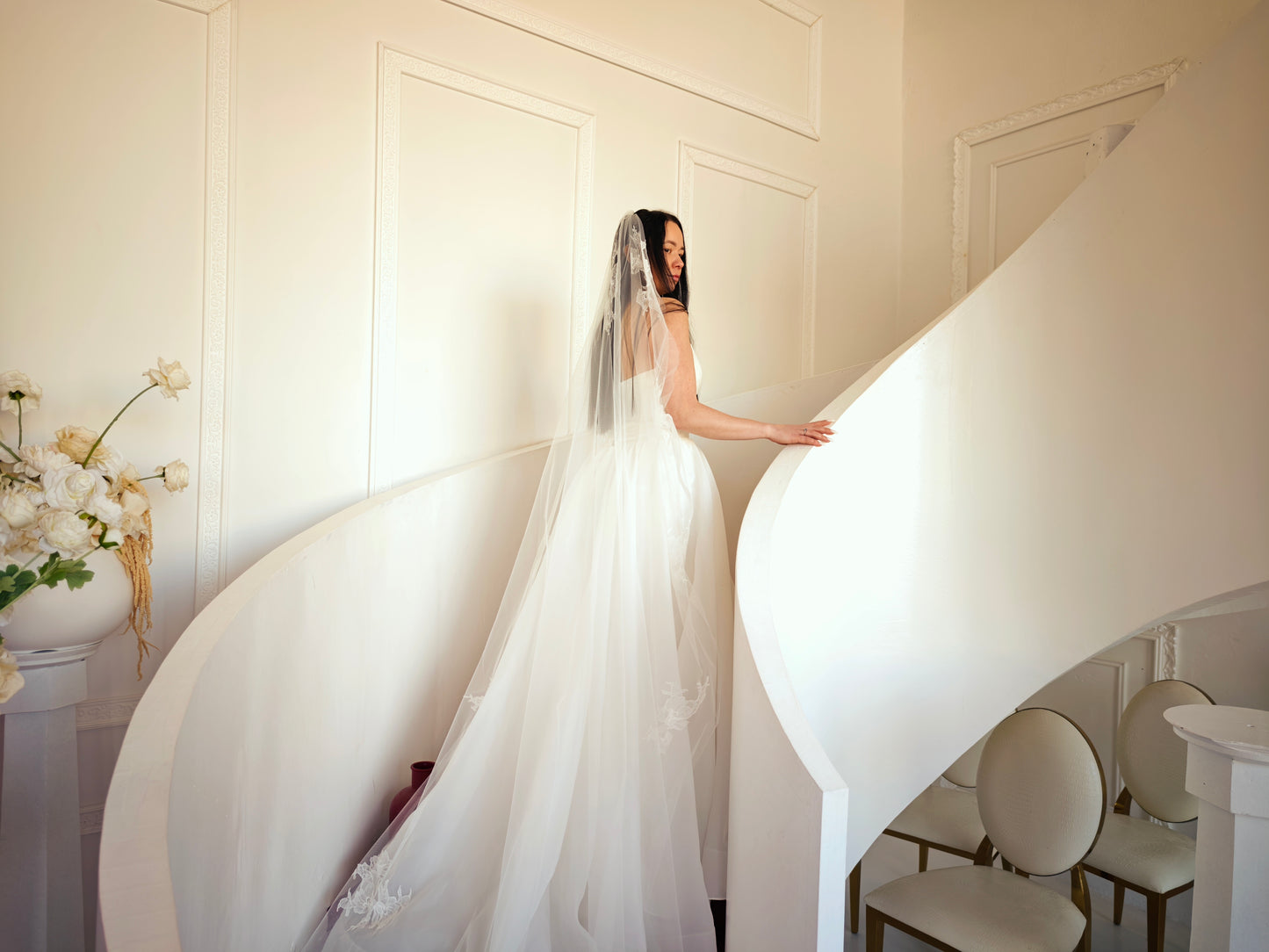 Heirloom Chantilly Lace Veil with Hand-Sewn Floral Appliques