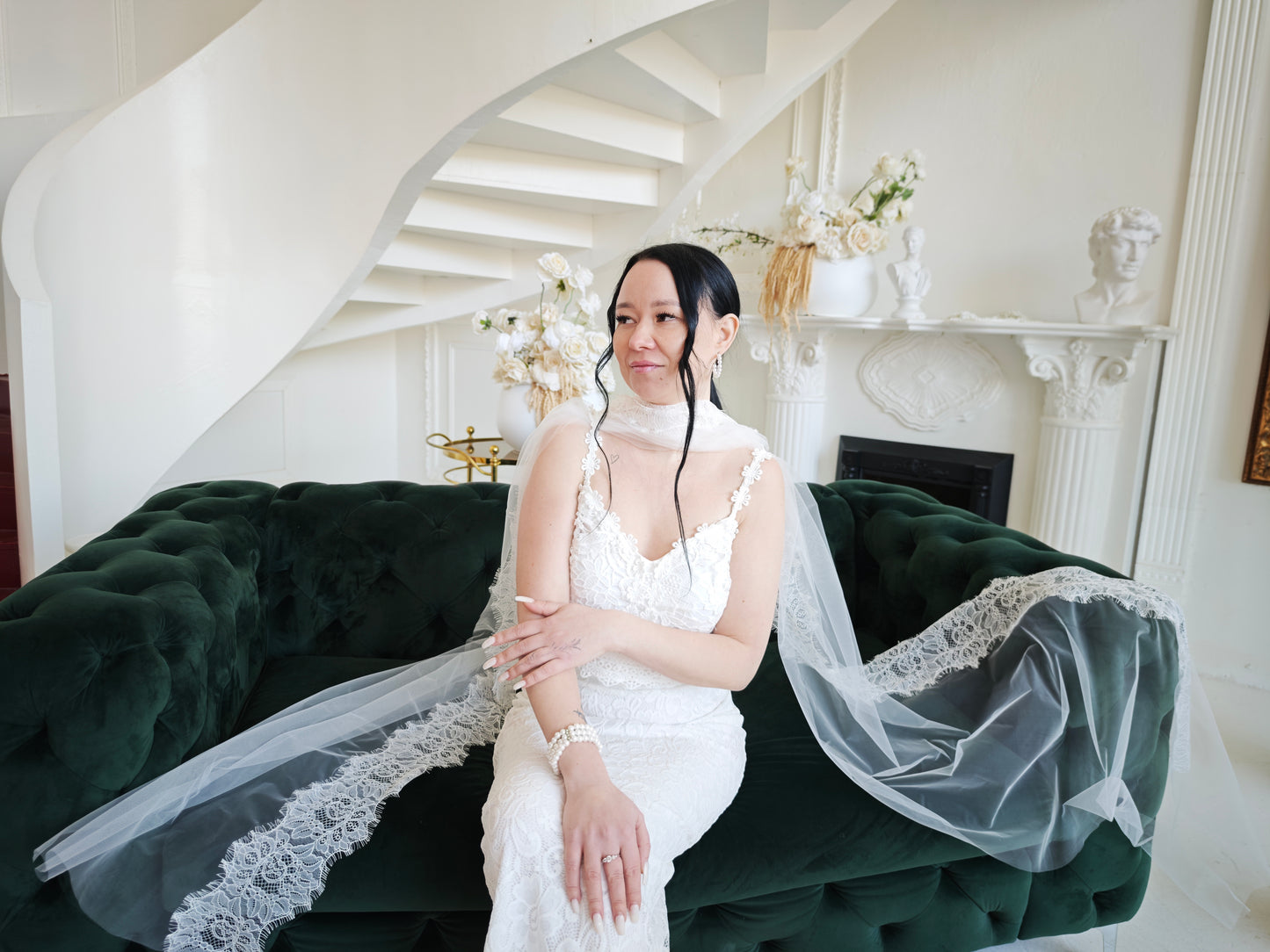 Handmade Chantilly lace bridal scarf in ivory, wedding accessory, draped view