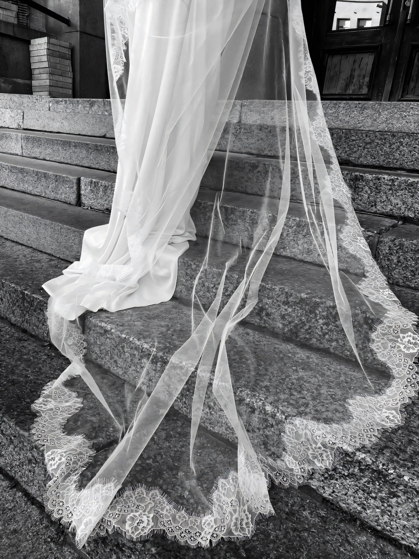 Luxury Bridal Veil with Clean Blusher and Chantilly Lace Trim