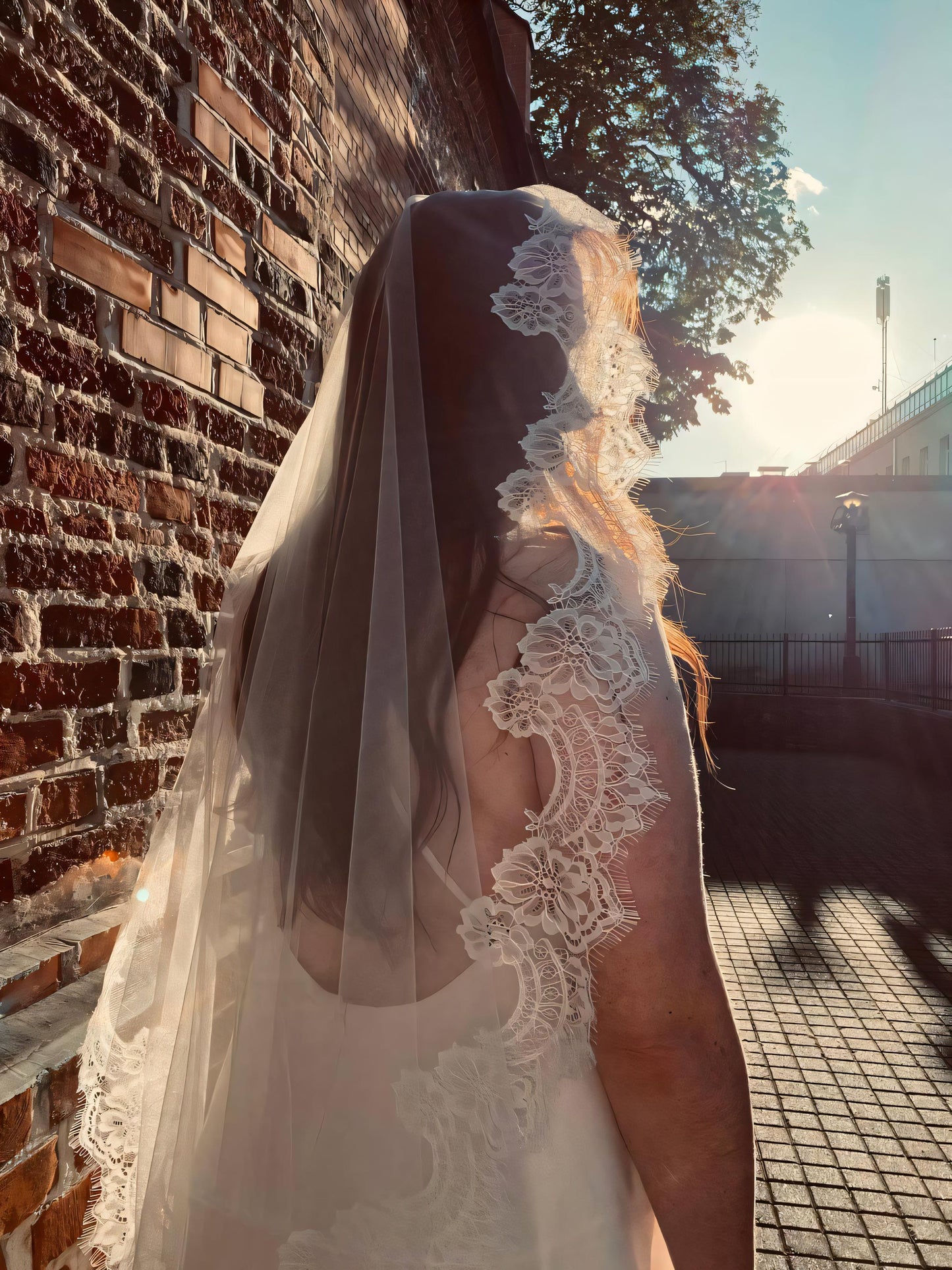 Light Ivory Mantilla Wedding Veil with Chantilly Lace