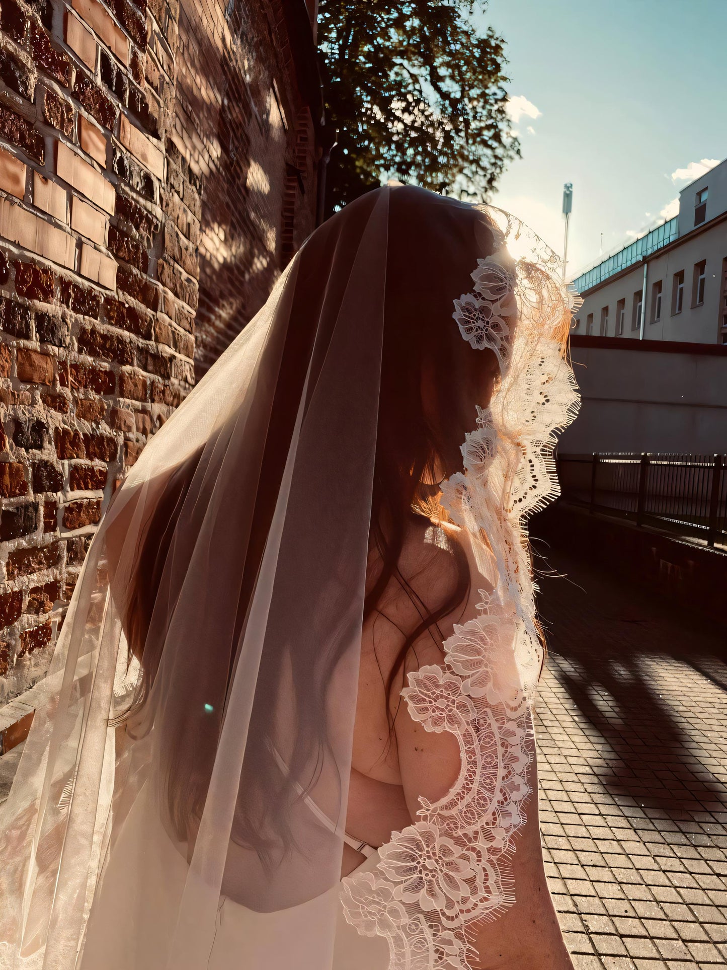 Light Ivory Mantilla Wedding Veil with Chantilly Lace
