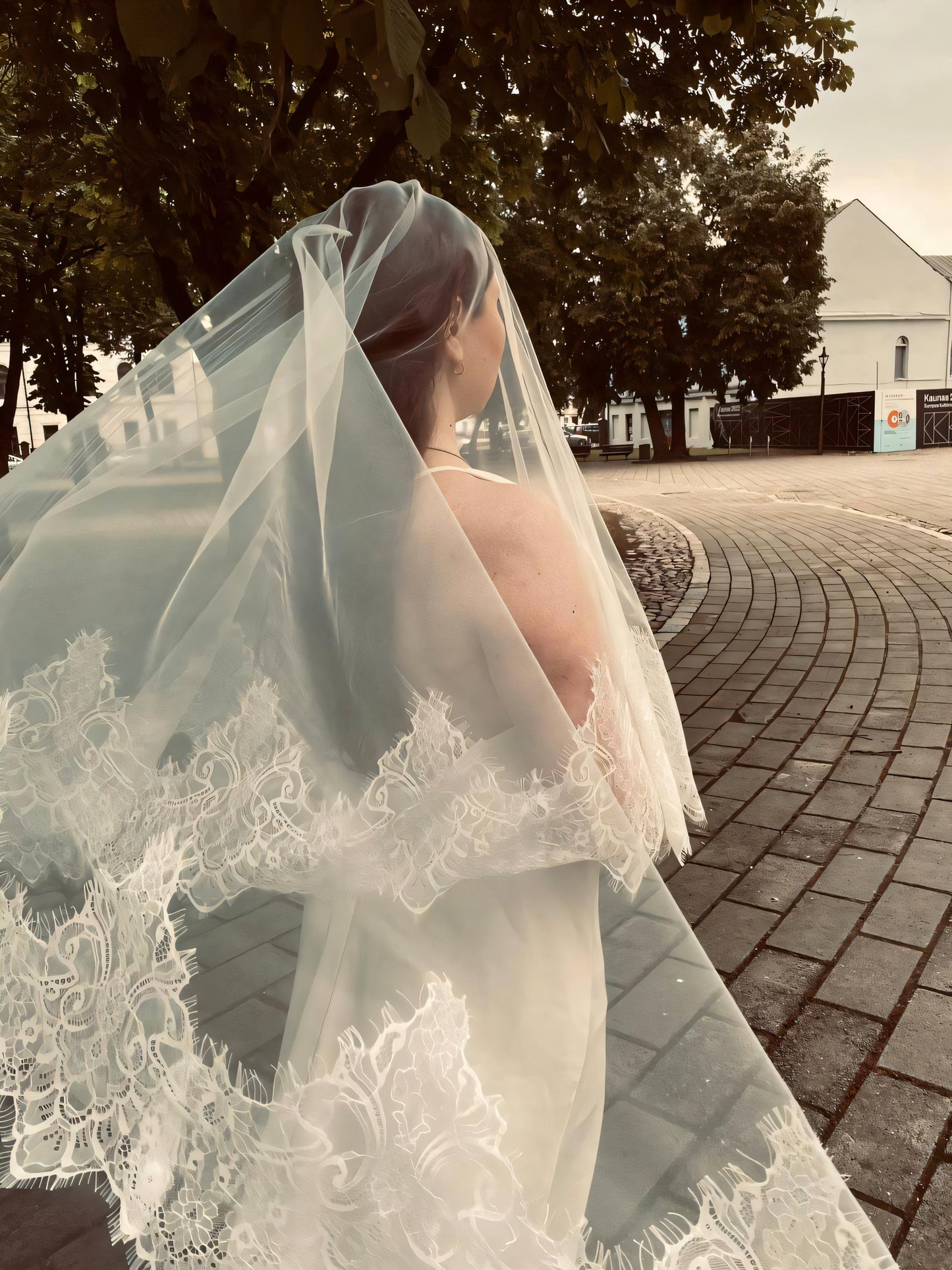 Light ivory two-tier wedding veil with blusher and French Chantilly lace, back view