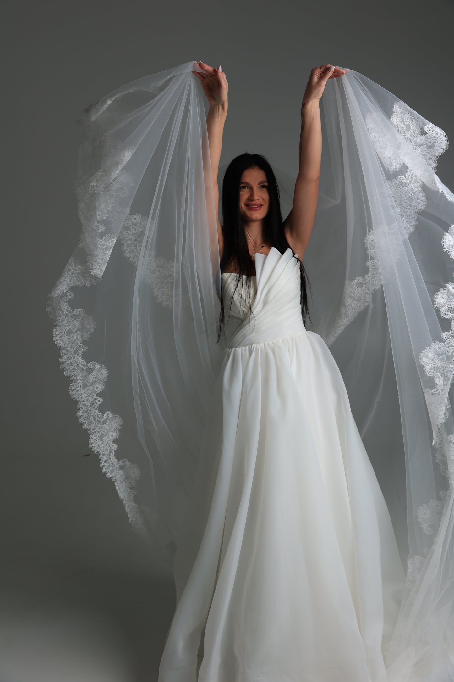 Cathedral Wedding Veil with Blusher and Floral Lace — Ivory, Handcrafted