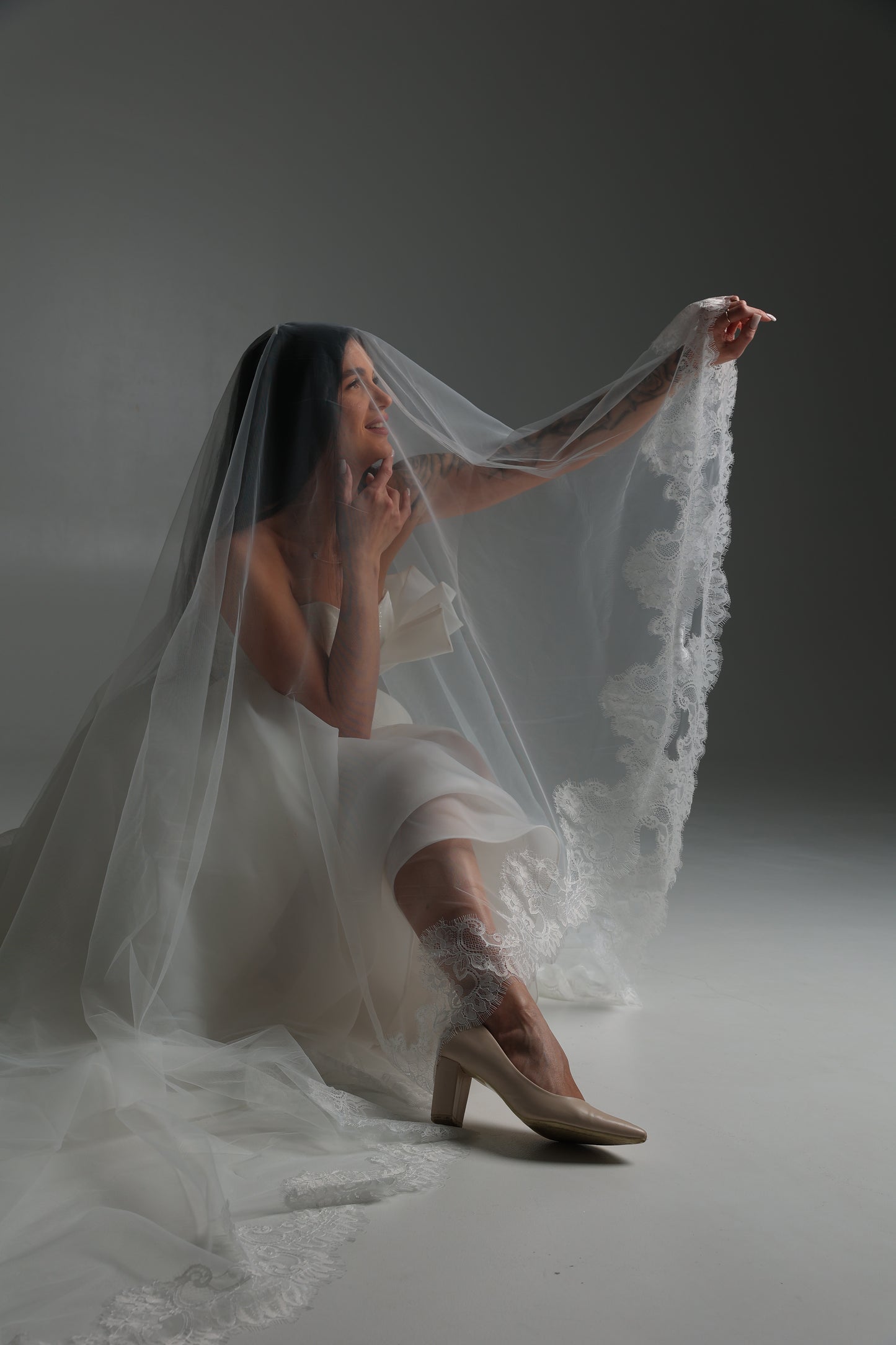 Cathedral Wedding Veil with Blusher and Floral Lace — Ivory, Handcrafted