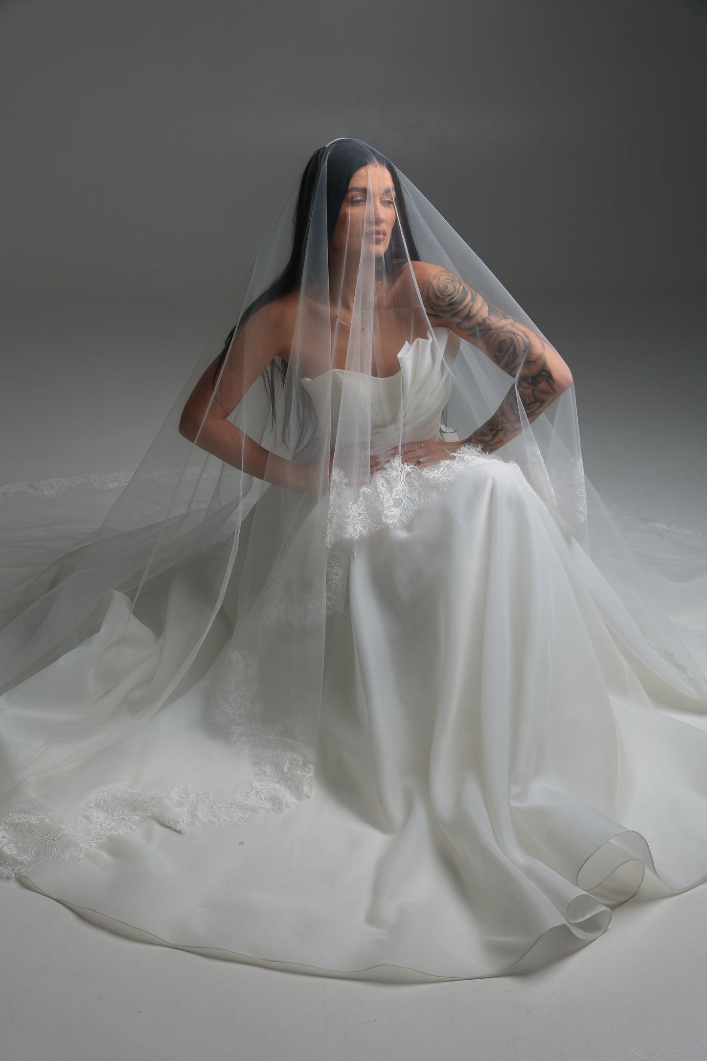 Cathedral Wedding Veil with Blusher and Floral Lace — Ivory, Handcrafted