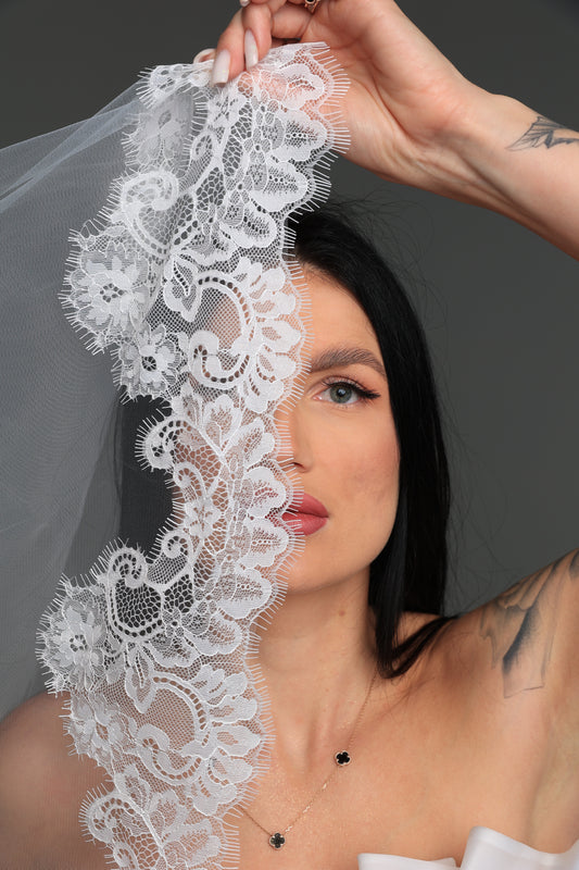 Cathedral Wedding Veil with Blusher and Floral Lace — Ivory, Handcrafted